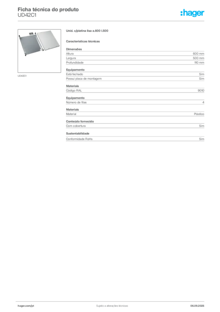Imagem Hager Ficha técnica do produto UD42C1 | Hager Portugal