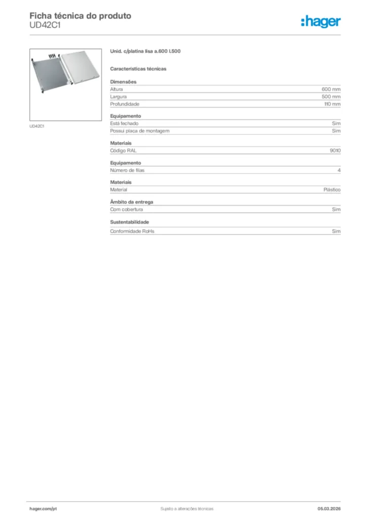 Imagem Hager Ficha técnica do produto UD42C1 | Hager Portugal