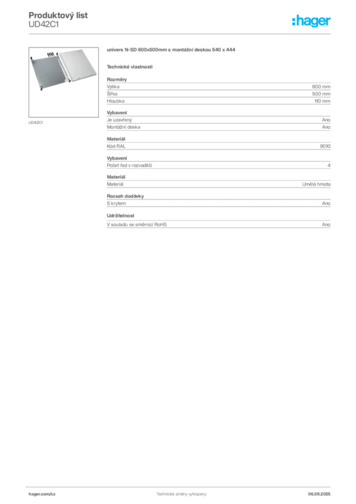 Obrázek Hager Produktový list UD42C1 | Hager