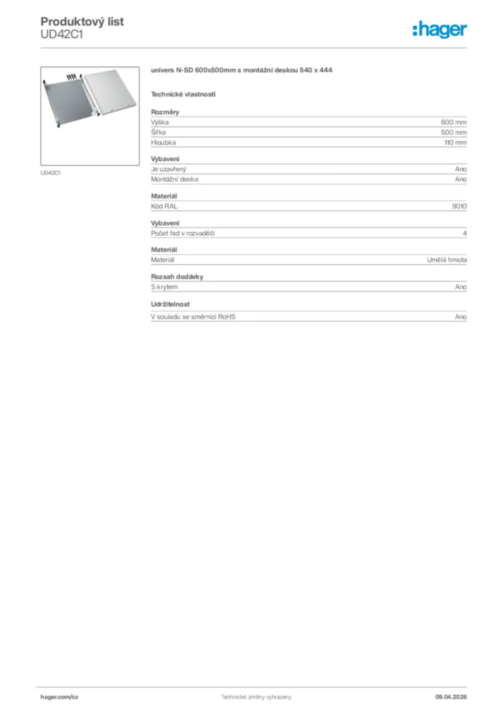 Obrázek Hager Product data sheet UD42C1 | Hager