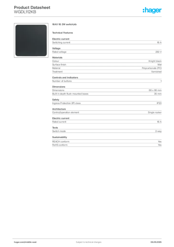 Image Hager Product data sheet WGDL112KB  | Hager