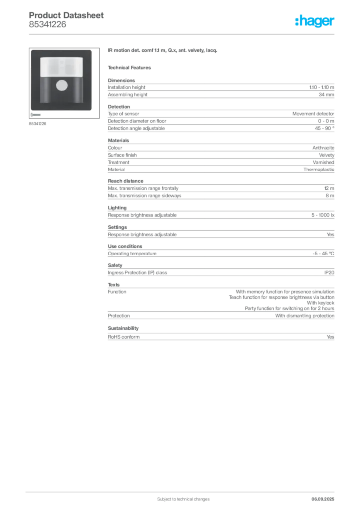 Image Hager Product data sheet 85341226  | Hager