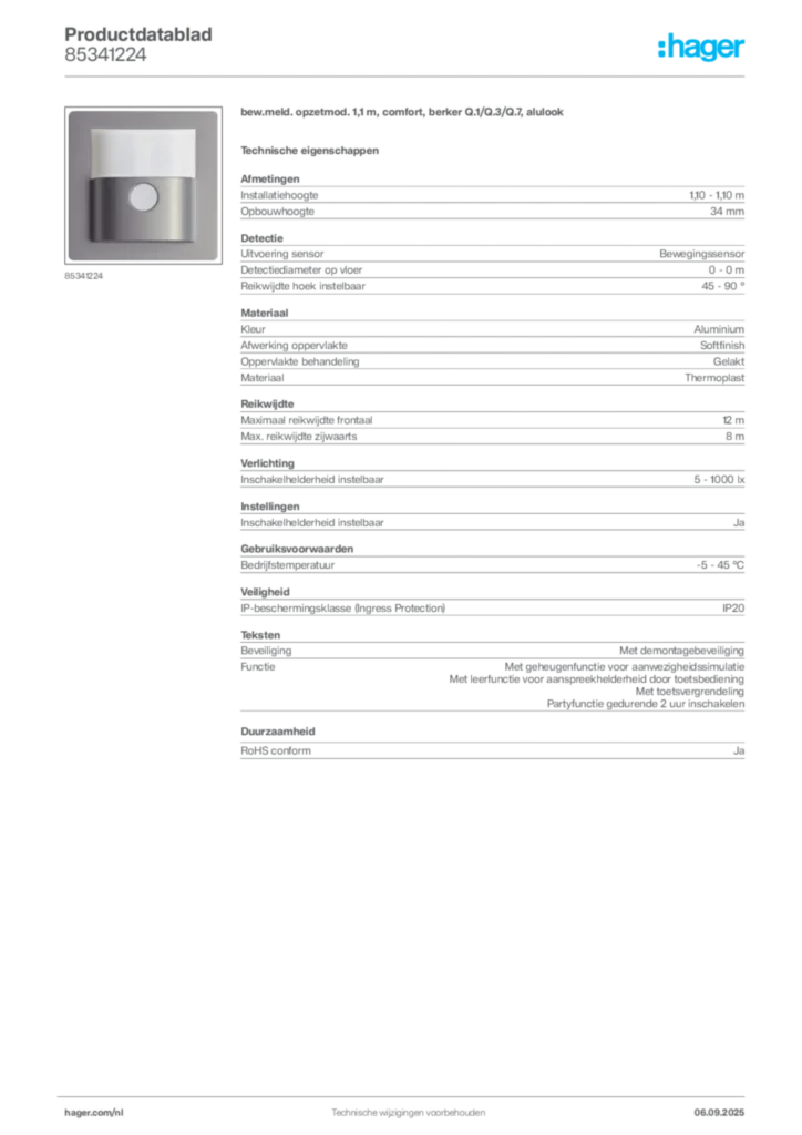 Afbeelding Hager Productdatablad 85341224 | Hager Nederland