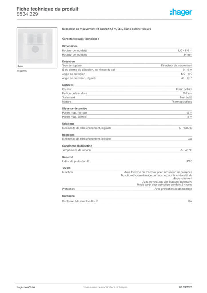 Image Hager Fiche technique du produit 85341229 | Hager Belgique