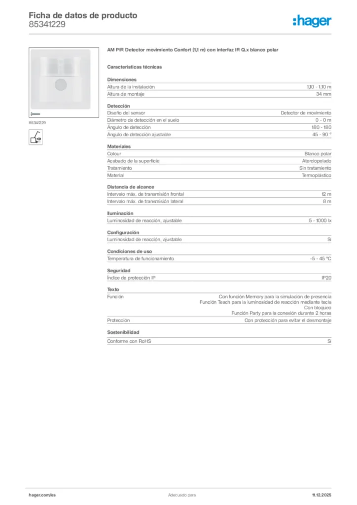 Imagen Hager Ficha de datos de producto 85341229 | Hager España