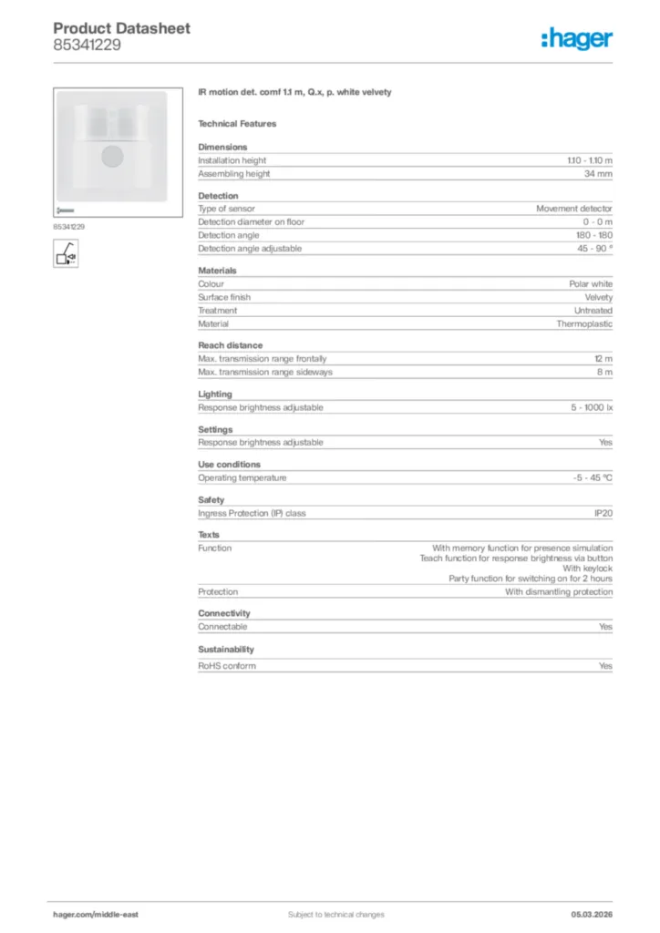 Image Hager Product data sheet 85341229  | Hager