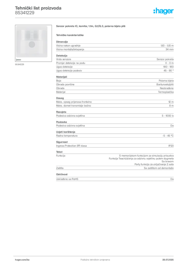 Slika Hager Product data sheet 85341229  | Hager