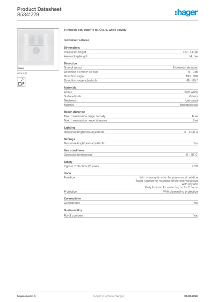 Image Hager Product data sheet 85341229  | Hager