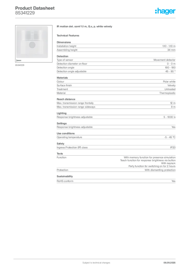 Image Hager Product data sheet 85341229  | Hager