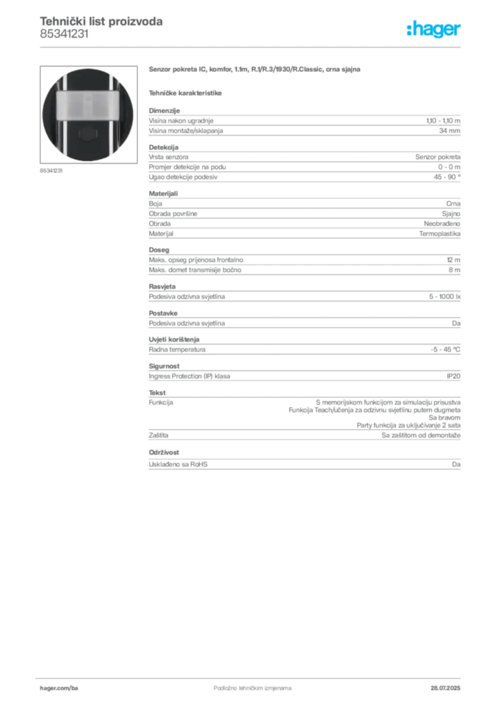 Slika Hager Product data sheet 85341231  | Hager