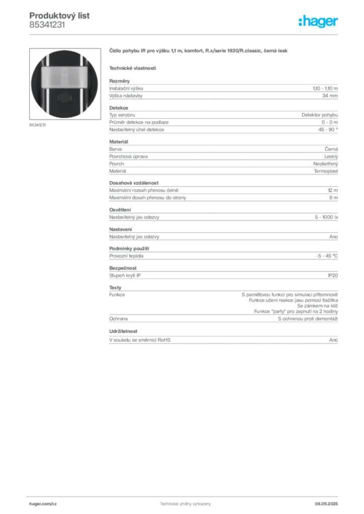 Obrázek Hager Produktový list 85341231 | Hager