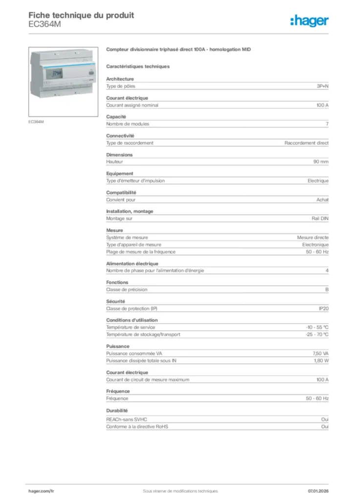 Image Hager Fiche technique du produit EC364M | Hager France