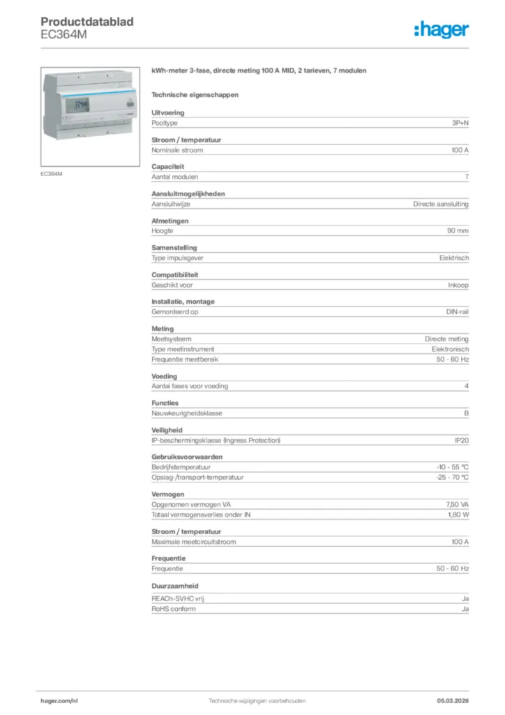 Afbeelding Hager Productdatablad EC364M | Hager Nederland