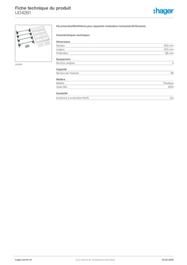 Image Hager Fiche technique du produit UD42B1 | Hager Suisse