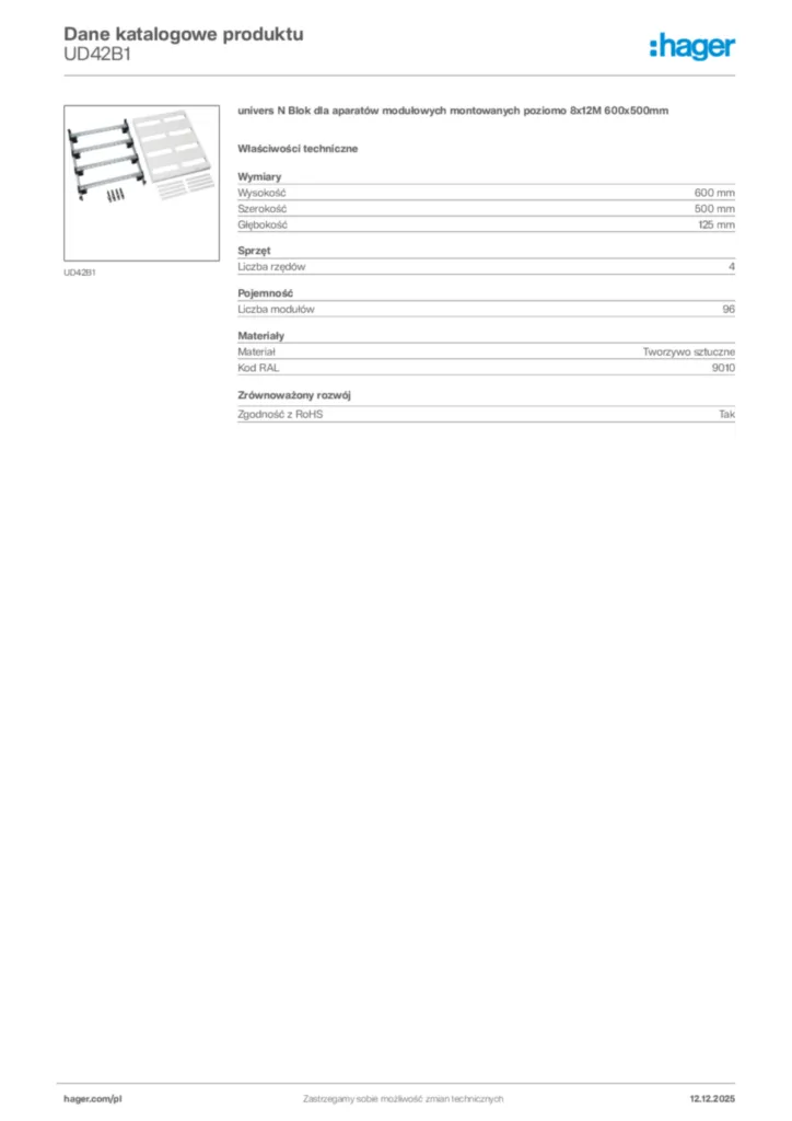 Zdjęcie Hager Karta katalogowa UD42B1 | Hager Polska