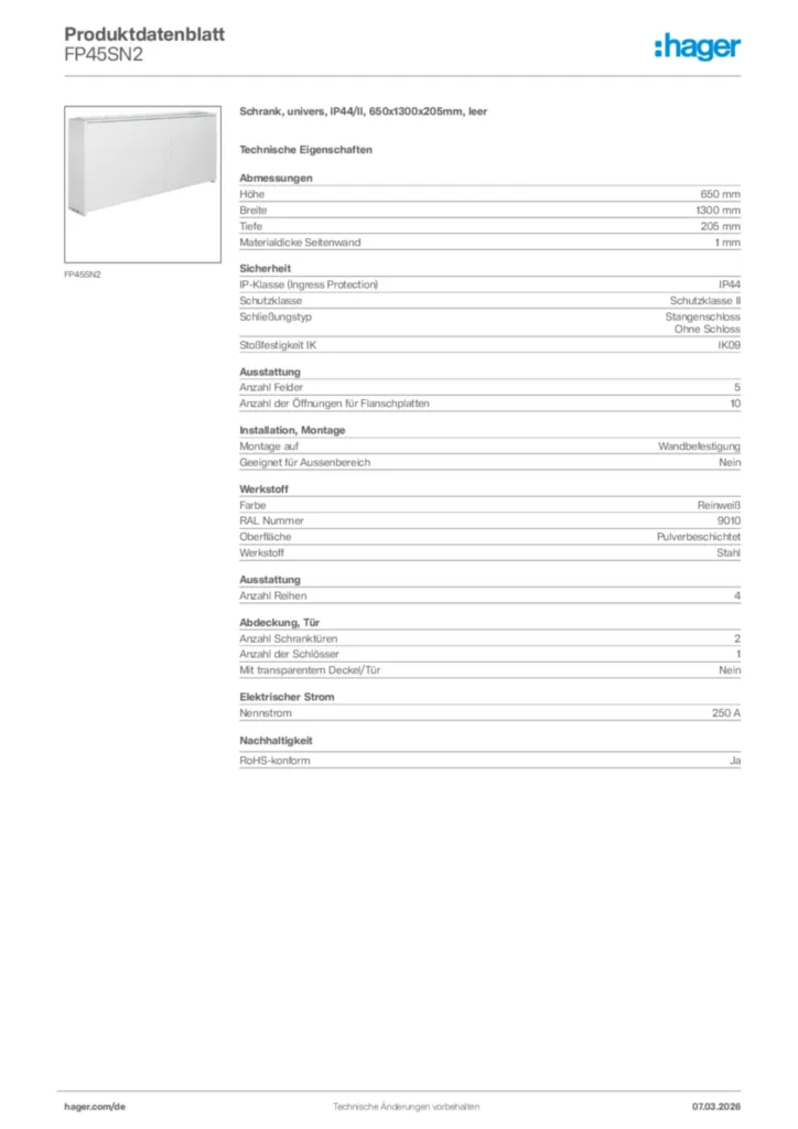 Bild Hager Produktdatenblatt FP45SN2 | Hager Deutschland