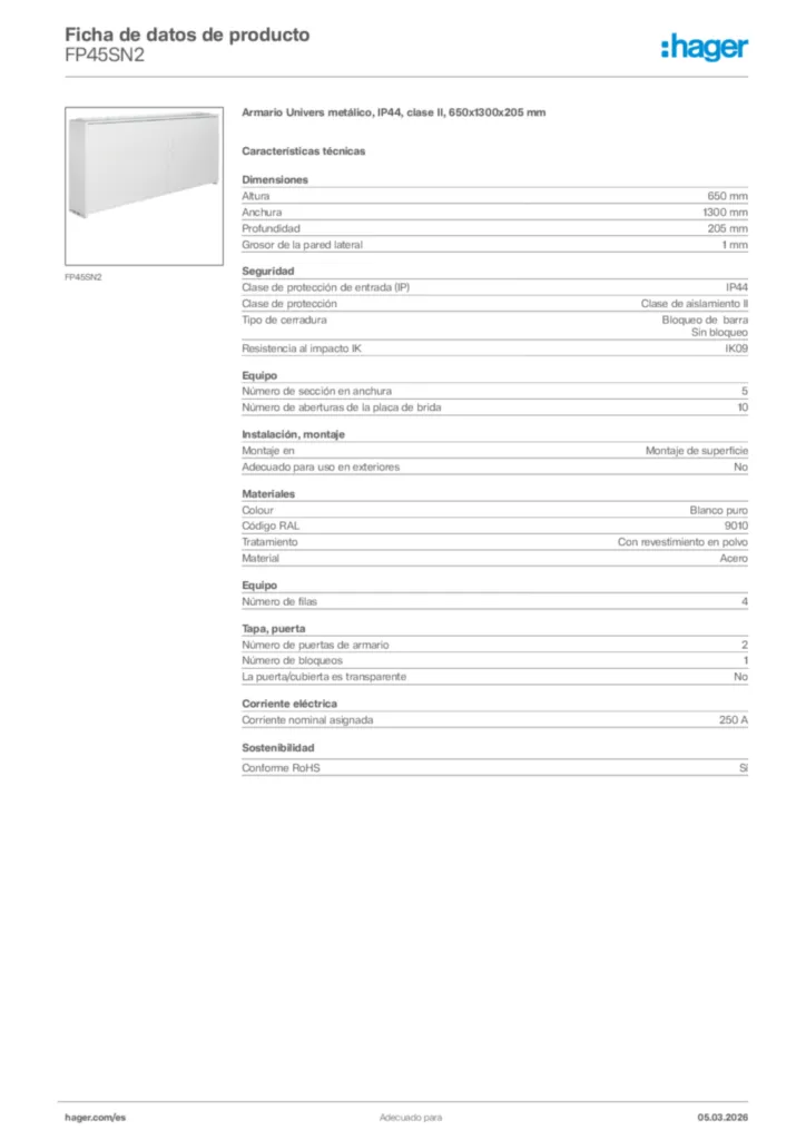 Imagen Hager Ficha de datos de producto FP45SN2 | Hager España