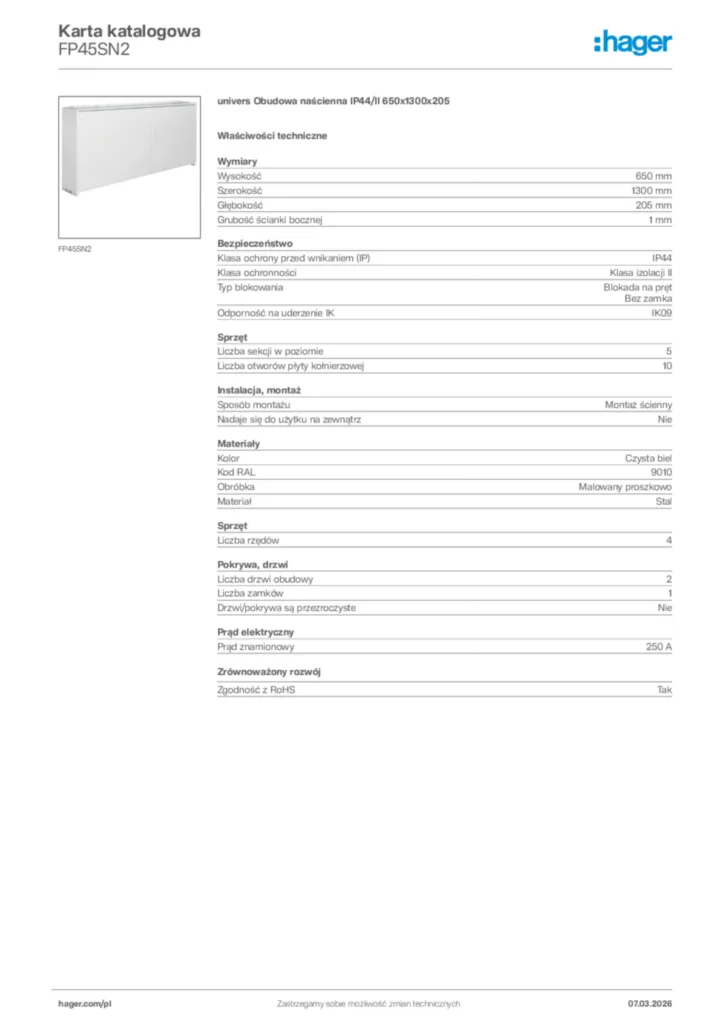 Zdjęcie Hager Karta katalogowa FP45SN2 | Hager Polska