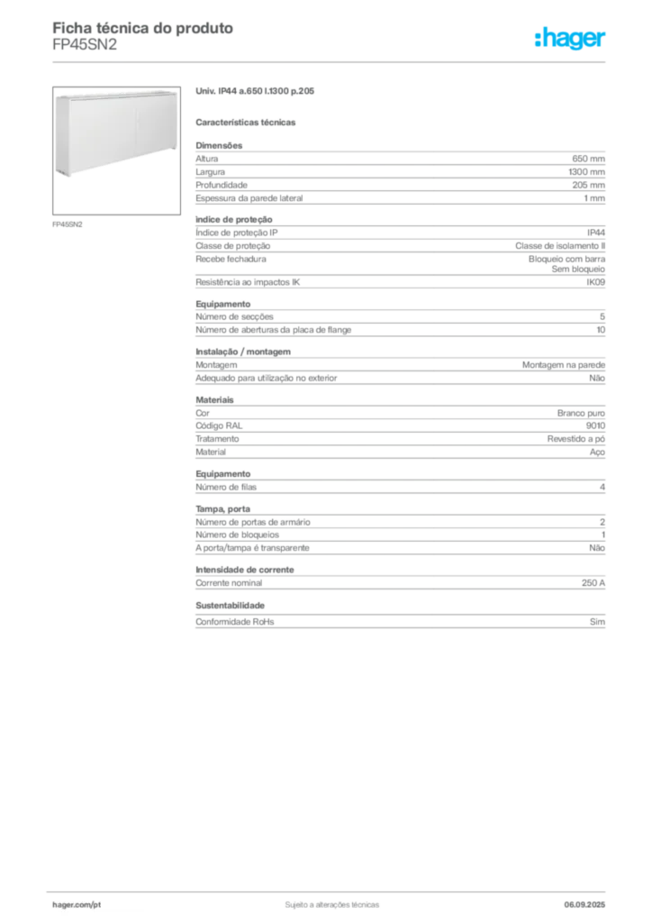 Imagem Hager Ficha técnica do produto FP45SN2 | Hager Portugal