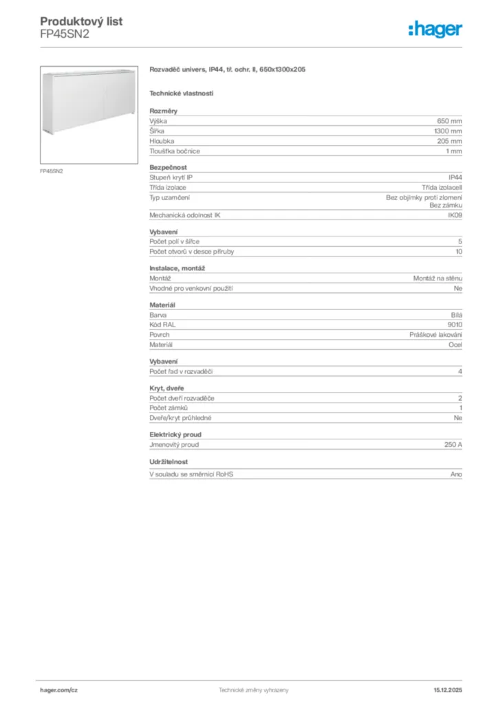 Obrázek Hager Produktový list FP45SN2 | Hager