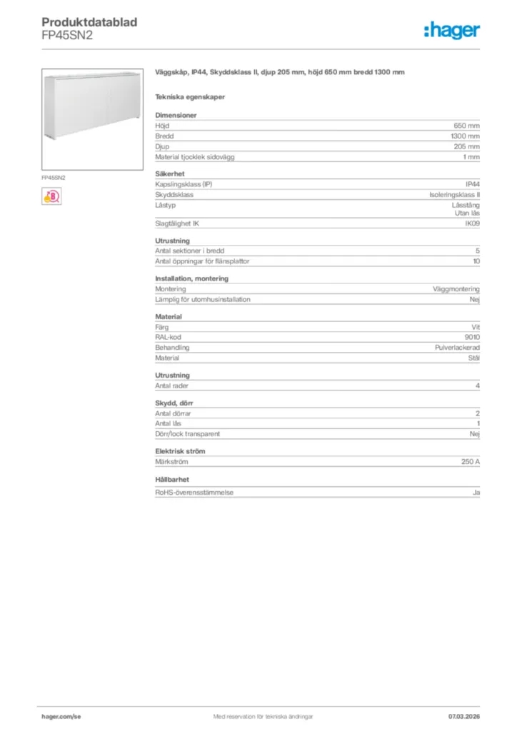 Bild Hager Produktdatablad FP45SN2 | Hager Sverige