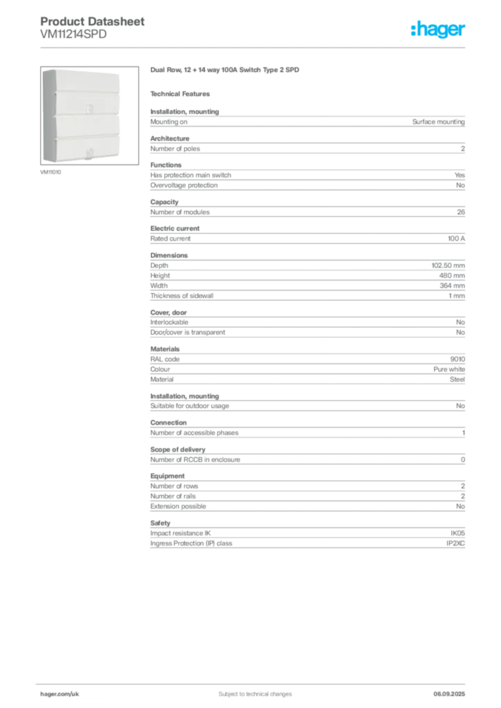 Image Hager Product data sheet VM11214SPD  | Hager