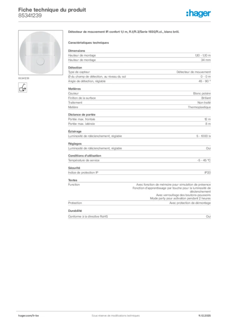 Image Hager Fiche technique du produit 85341239 | Hager Belgique