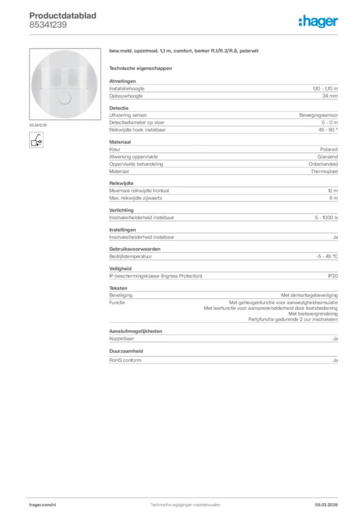 Afbeelding Hager Productdatablad 85341239 | Hager Nederland
