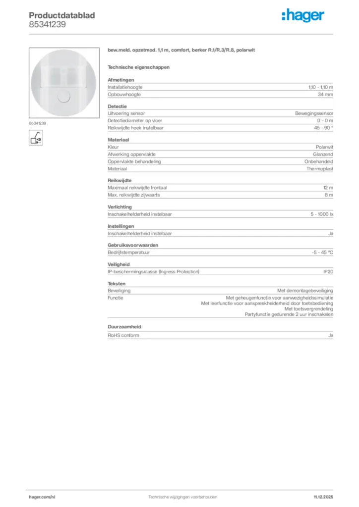 Afbeelding Hager Productdatablad 85341239 | Hager Nederland