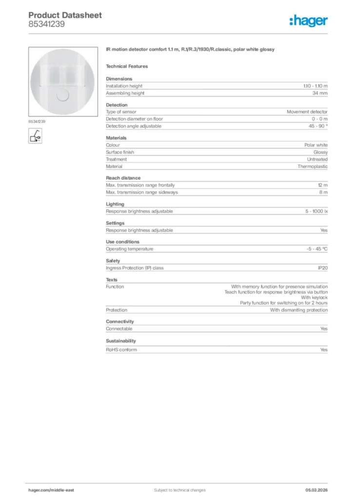 Image Hager Product data sheet 85341239  | Hager