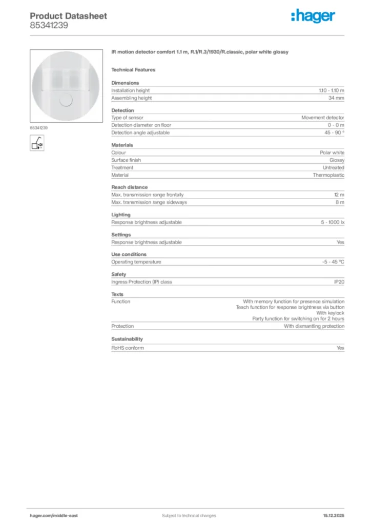 Image Hager Product data sheet 85341239  | Hager
