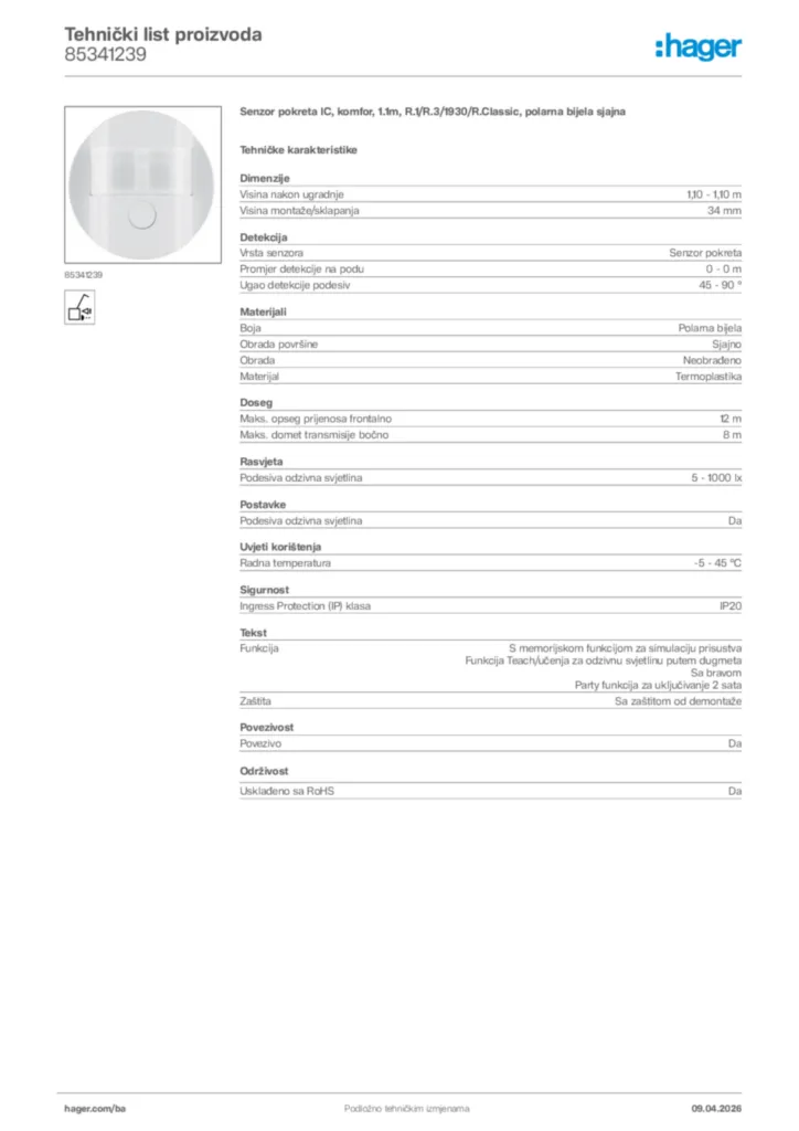 Slika Hager Tehnički list proizvoda 85341239  | Hager