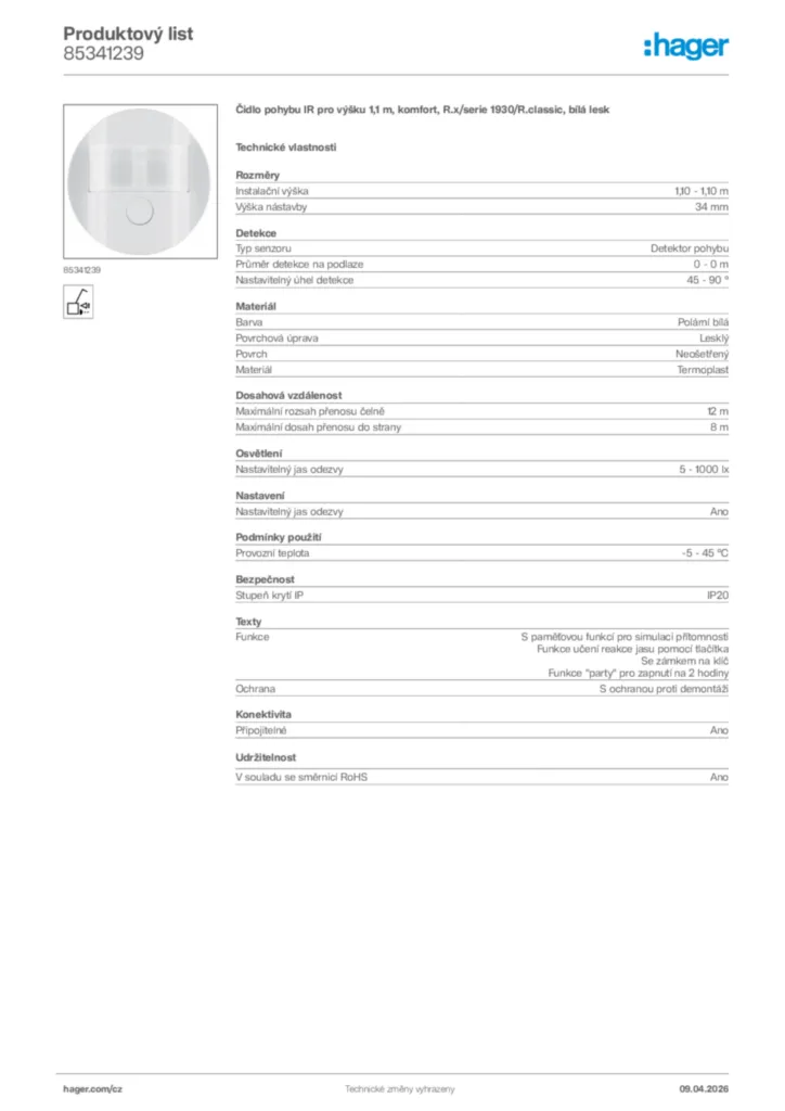 Obrázek Hager Product data sheet 85341239 | Hager