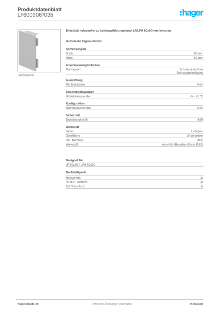 Bild Hager Produktdatenblatt LF6009067035 | Hager Schweiz