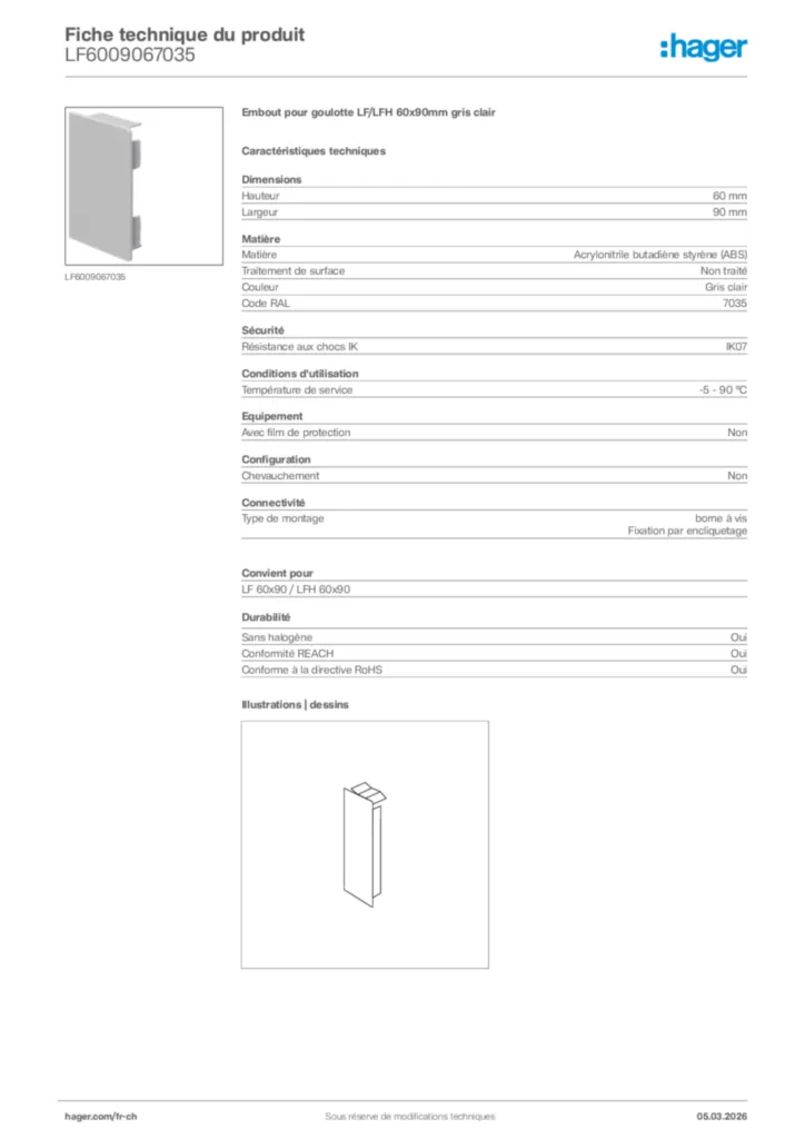 Image Hager Fiche technique du produit LF6009067035 | Hager Suisse