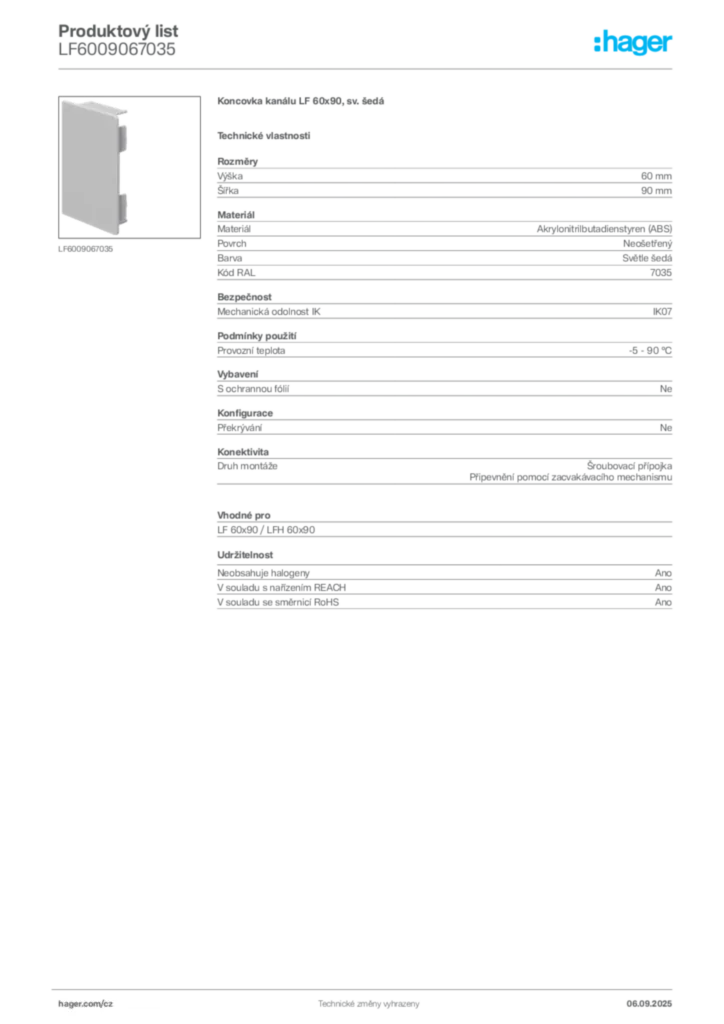 Obrázek Hager Produktový list LF6009067035 | Hager