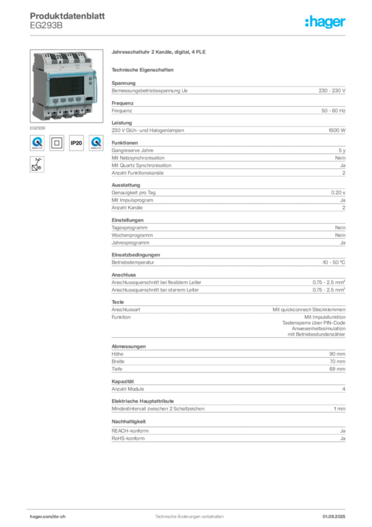 Bild Hager Produktdatenblatt EG293B | Hager Schweiz