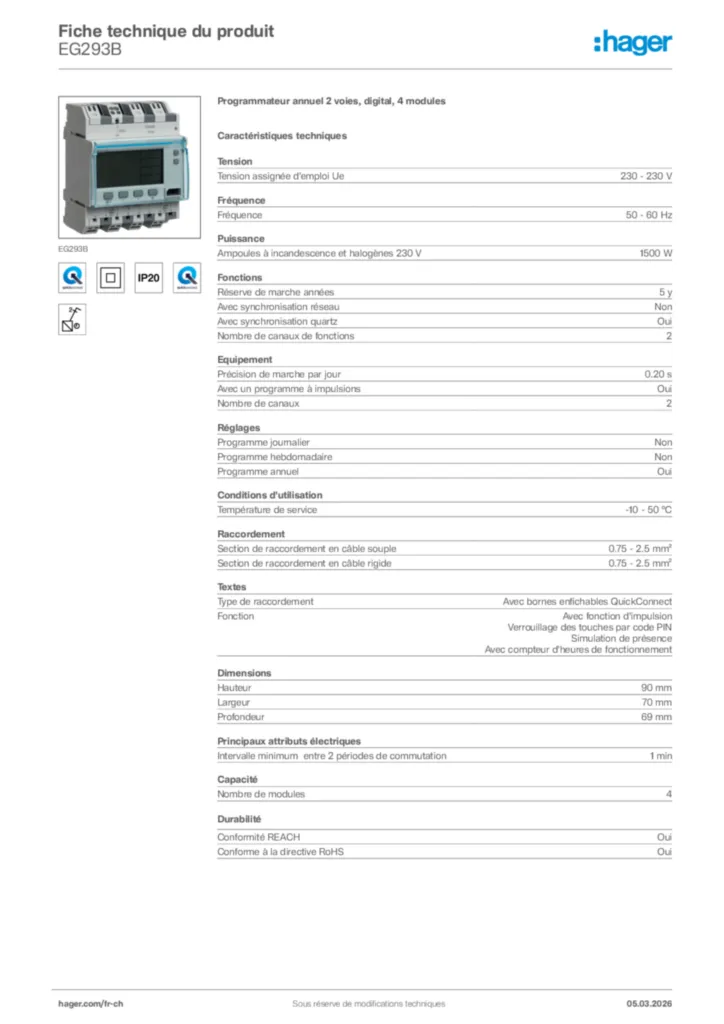 Image Hager Fiche technique du produit EG293B | Hager Suisse