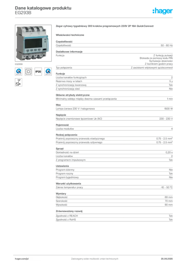 Zdjęcie Hager Karta katalogowa EG293B | Hager Polska