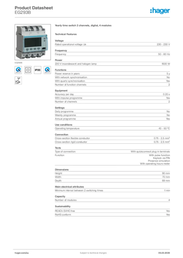 Image Hager Product data sheet EG293B  | Hager Australia