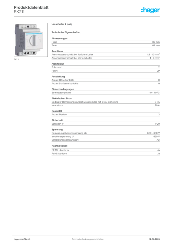 Bild Hager Produktdatenblatt SK211 | Hager Schweiz