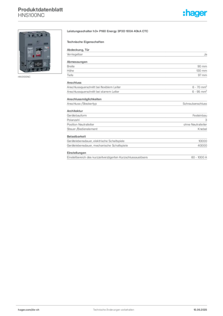 Bild Hager Produktdatenblatt HNS100NC | Hager Schweiz