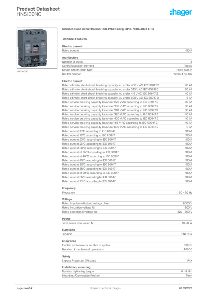 Image Hager Product data sheet HNS100NC  | Hager