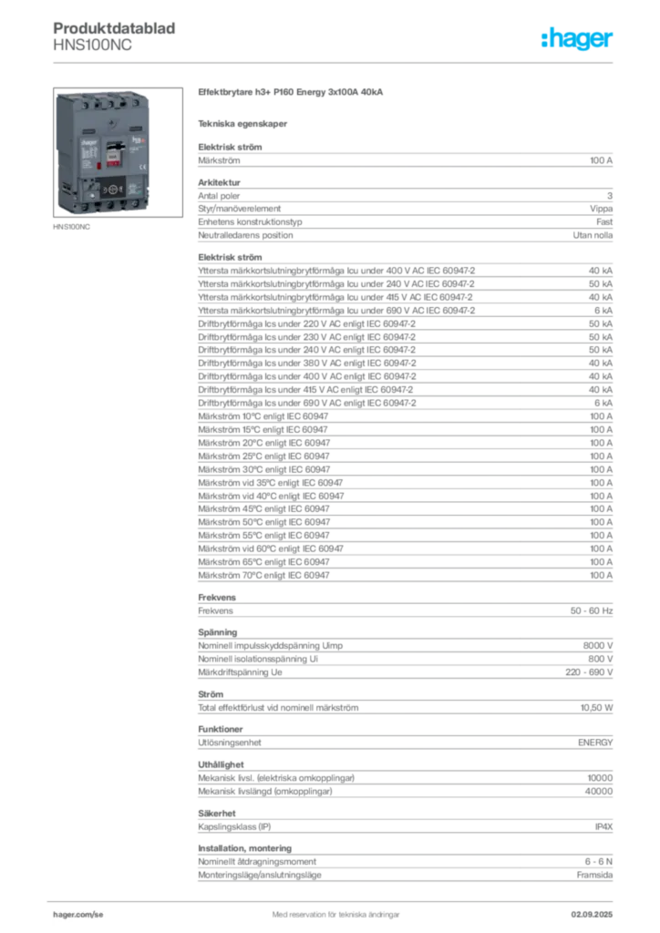 Bild Hager Produktdatablad HNS100NC | Hager Sverige