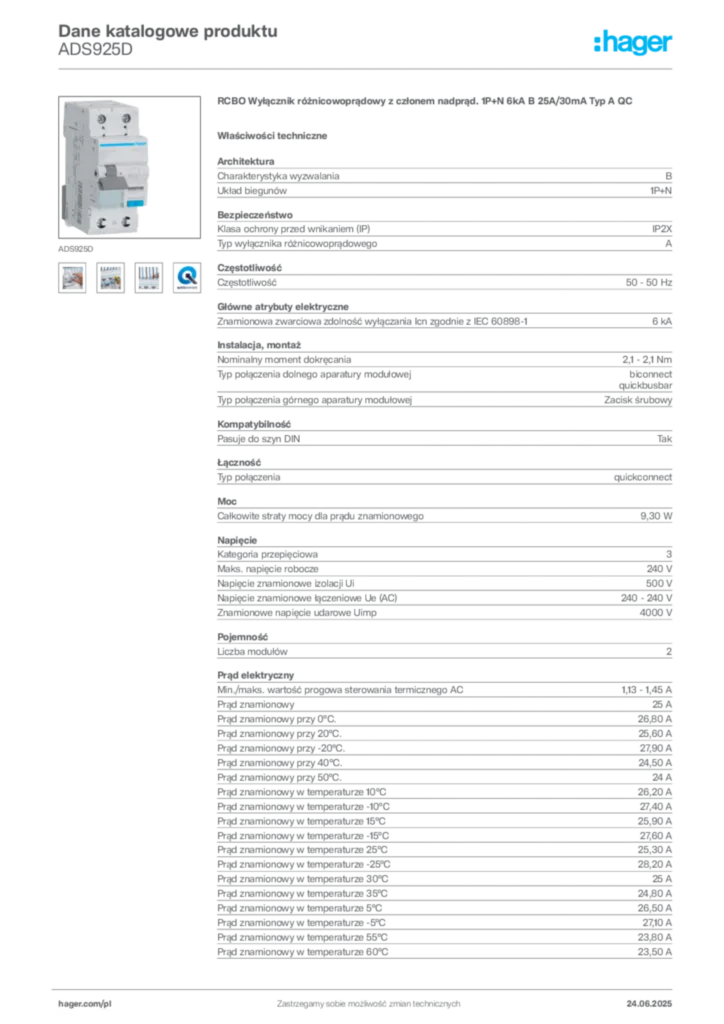 Zdjęcie Hager Karta katalogowa ADS925D | Hager Polska