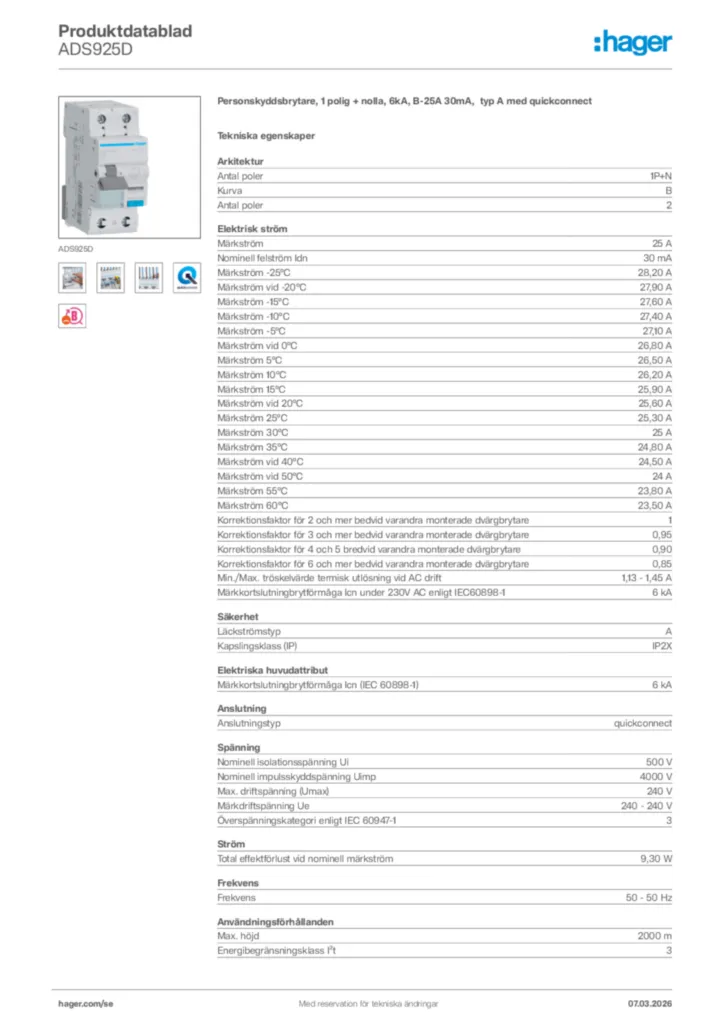 Bild Hager Produktdatablad ADS925D | Hager Sverige