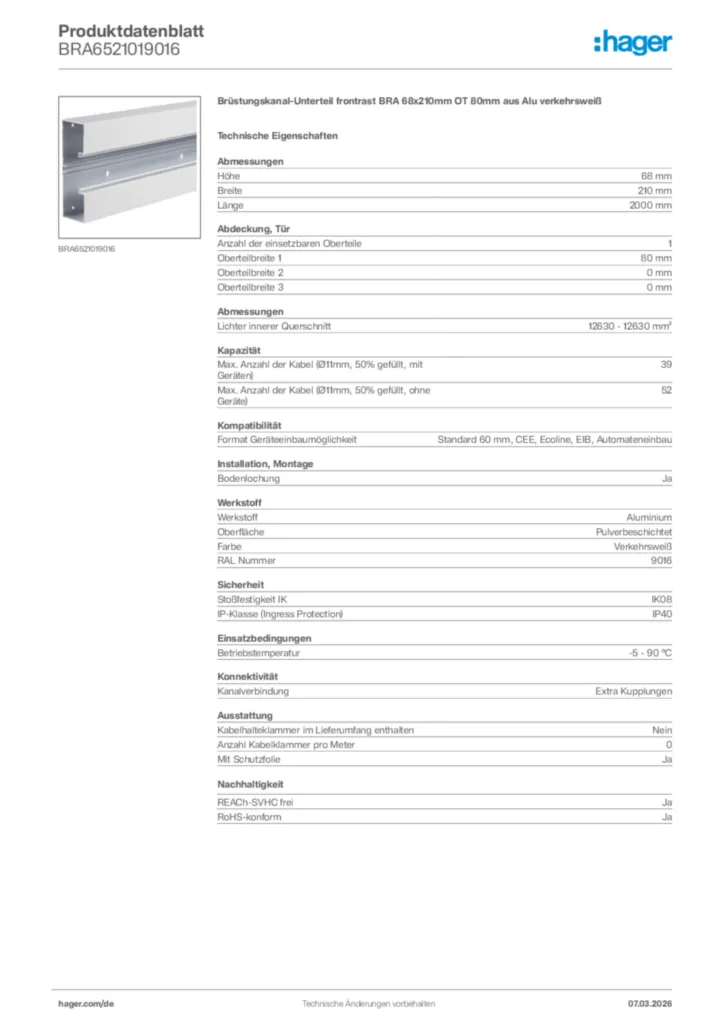 Bild Hager Produktdatenblatt BRA6521019016 | Hager Deutschland