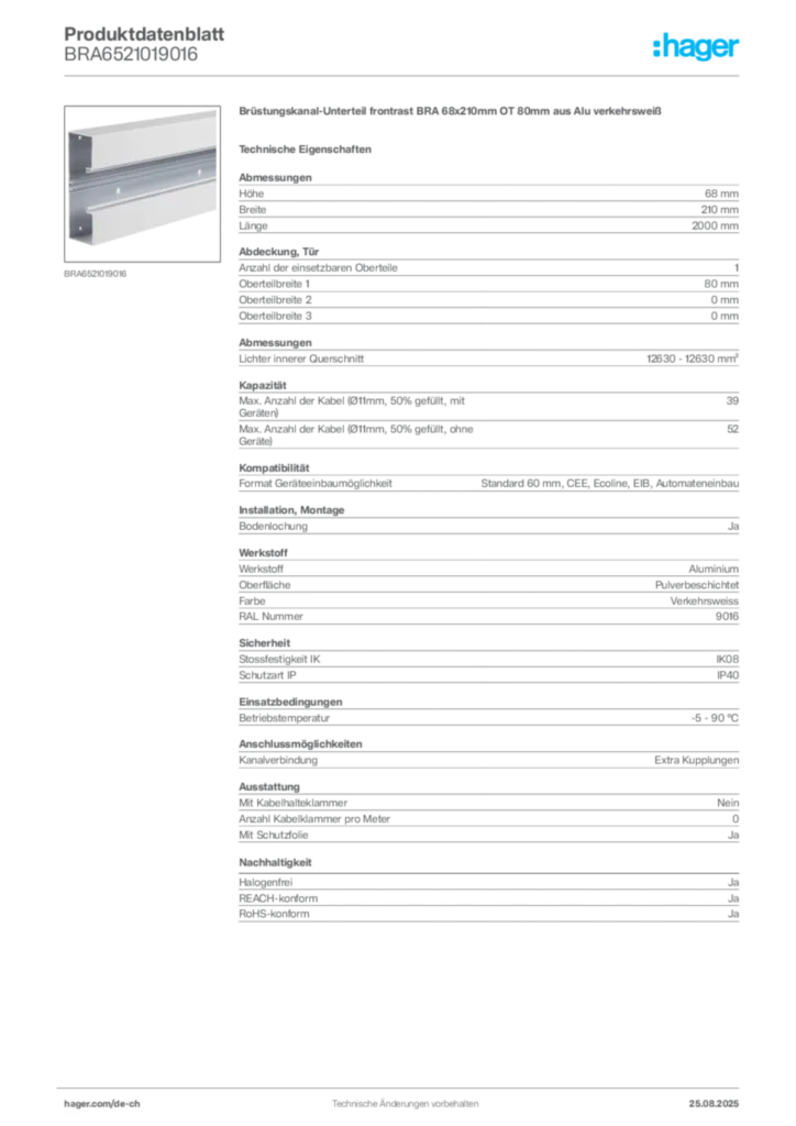 Bild Hager Produktdatenblatt BRA6521019016 | Hager Schweiz