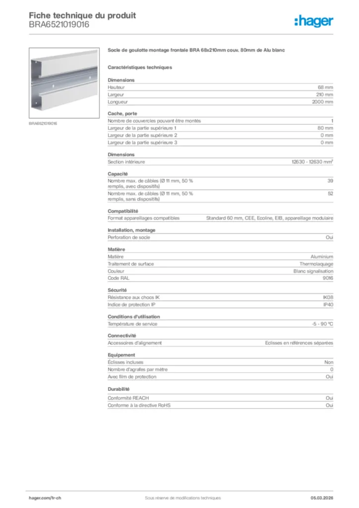 Image Hager Fiche technique du produit BRA6521019016 | Hager Suisse