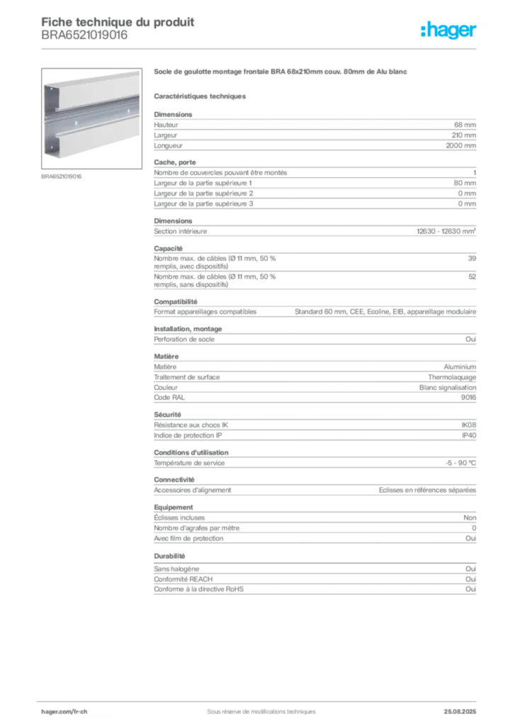 Image Hager Fiche technique du produit BRA6521019016 | Hager Suisse